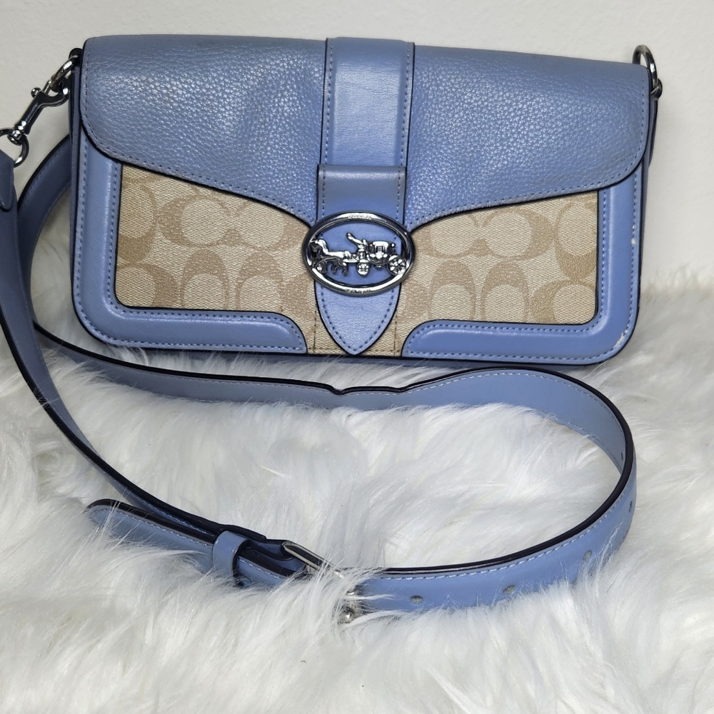 Coach Georgie Shoulder Bag In Signature Canvas Sliver/Light Khaki/Blue